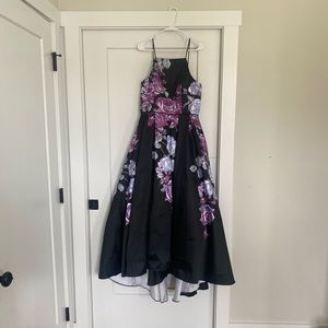 Betsy & Adam formal black and floral floor length dress
